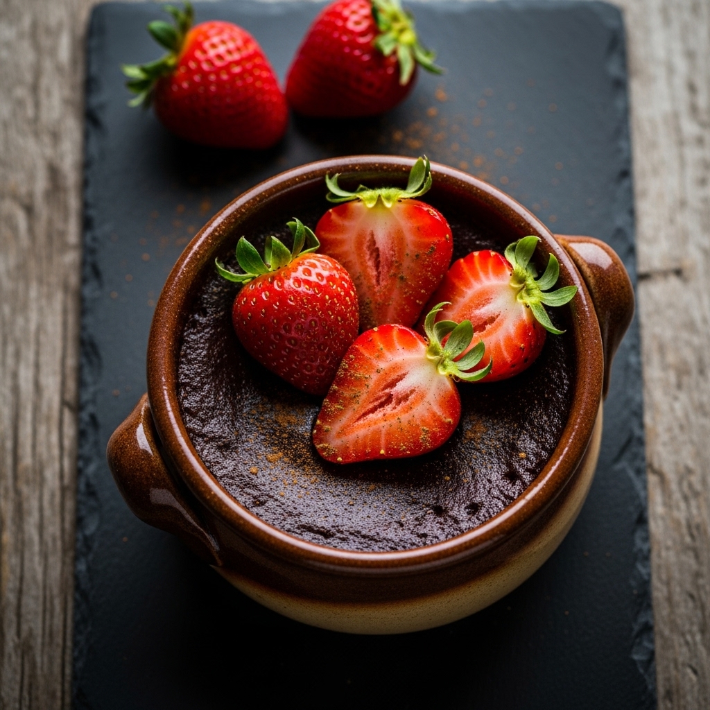Mexican Chocolate-Chili Pot de Crème with Cinnamon-Spiced Strawberries
